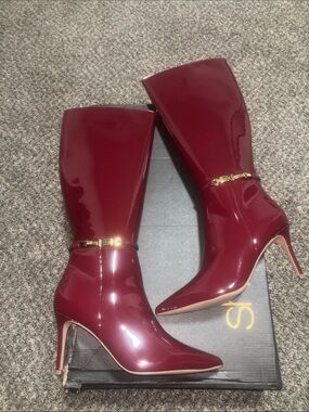 Shoe Dazzle Burgundy Patent Pointed-Toe Mid-Calf Heeled Boots